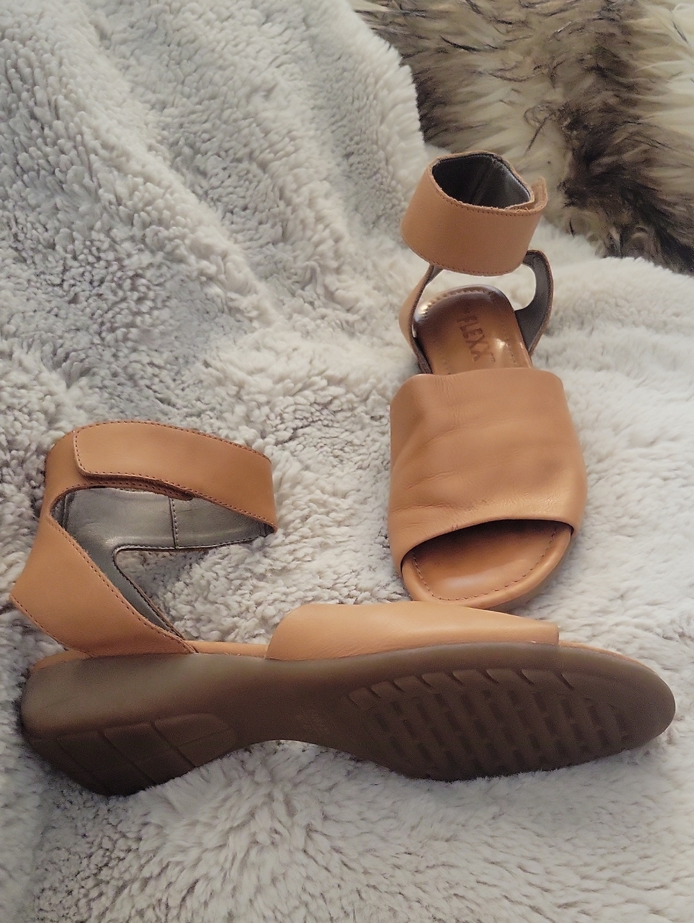 THE FLEXX Tan Leather Low Wedge Sandals with Ankle Strap